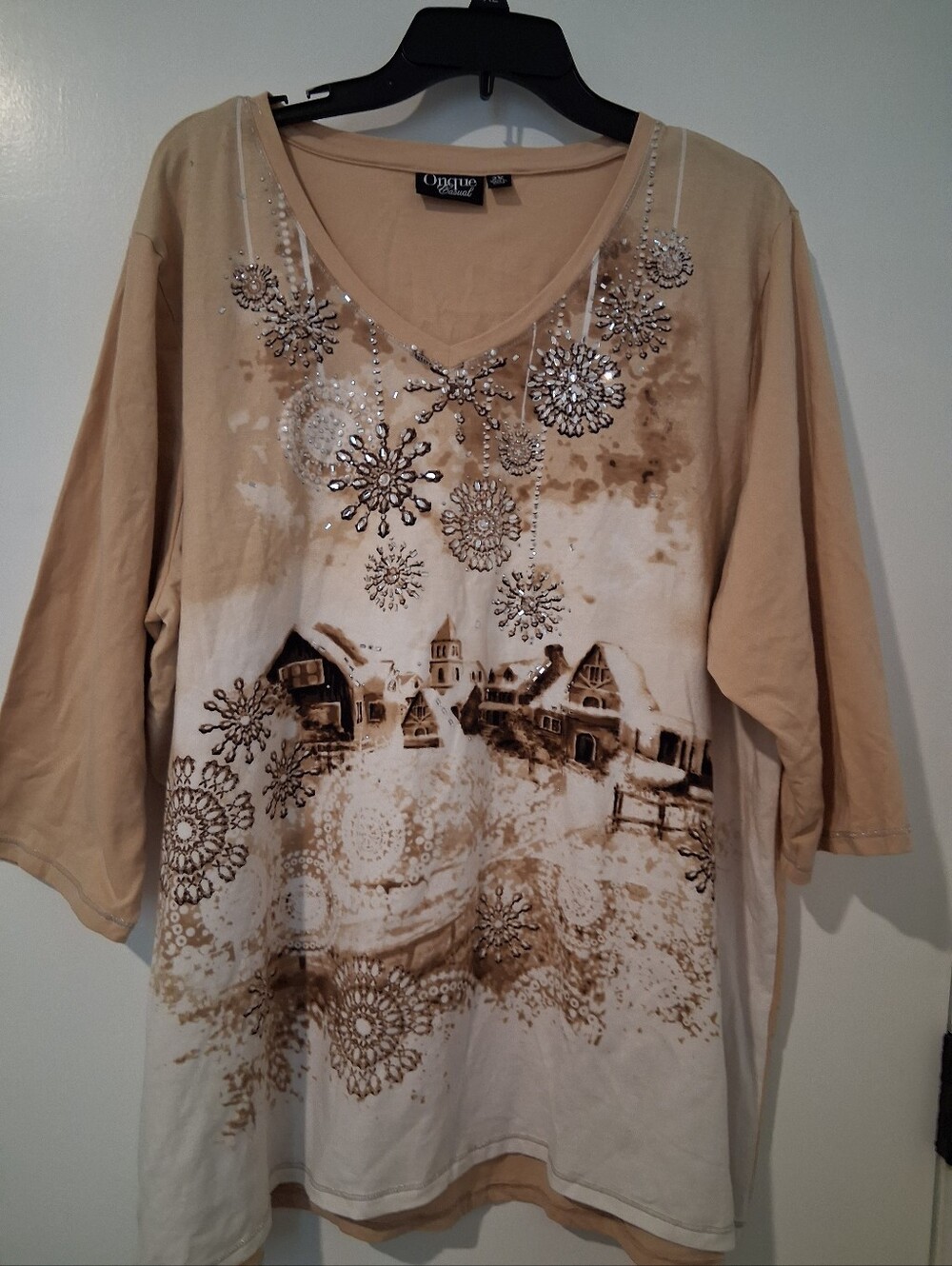 Onque Casual Beige & White Embellished V-Neck Women’s Top